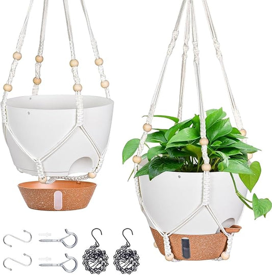 10 Inch Self Watering Hanging Planters, 2 Pack Plastic Flower Pots with Visible Water Window, Drainage Holes, Metal Chain & Macrame Hangers for Indoor & Outdoor Plants, White