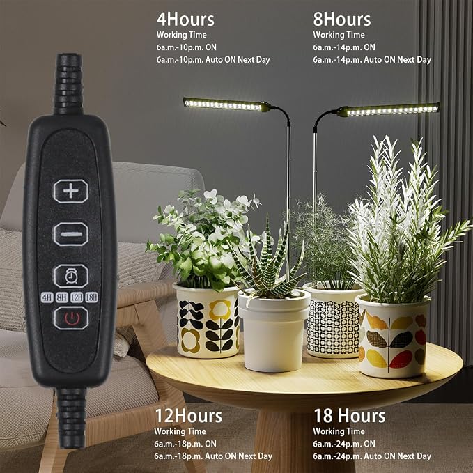 LED Grow Light 2 Pack, 6000K White Full Spectrum 144 LED Gooseneck Growing Lamp for Indoor Plants Growth,4 8 12 18Hrs Timer & Brightness Changeable,Insert Pole Extendable 4-10''