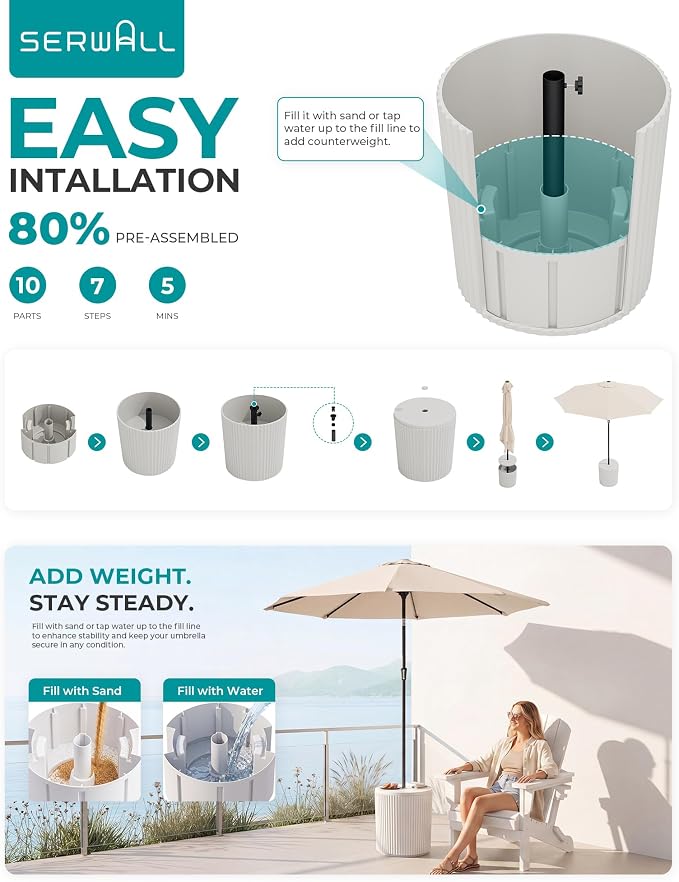 SERWALL Outdoor Round Umbrella Side Table, 3-in-1 Ice Bucket & Side Table & Storage Box, Multi-Functional Use for Porch/Patio/Poolside, Beige