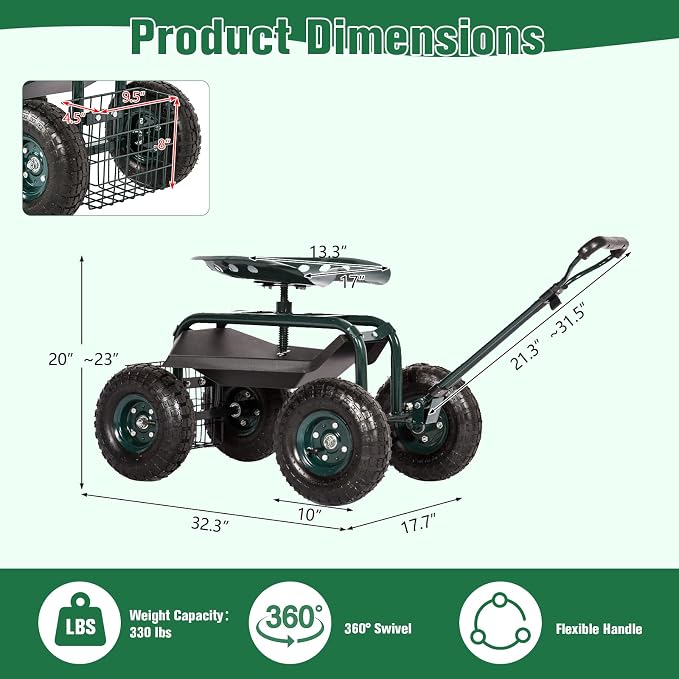 KINTNESS Garden Cart Seat Rolling Scooter Wagon with Extendable Steering Handle Swivel Seat & Utility Basket (Green