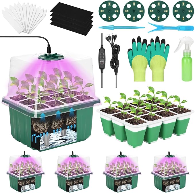 Mckanti 4 Set Self-Watering Seed Starter Tray Kits with Grow Light, Reusable Seed Germination Kit with Adjustable Humidity Domes and Silicone Cell Base Tray for Indoor Plant Seed Germination
