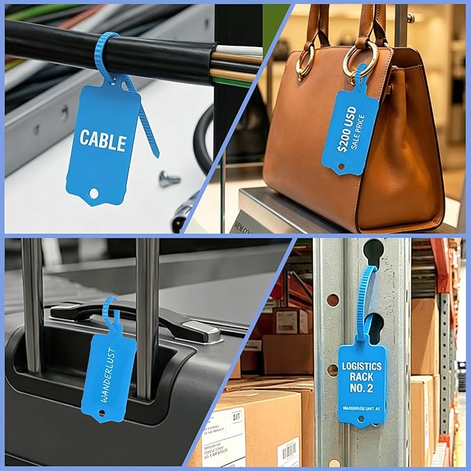 LeonBach 100 PCS Plastic Shipping Tags, 1.46" x 2.48", Waterproof Labels Writable Hanging Tag with Sealing Strap, Shipping Cable Tie Label Tags for Keys Luggage Logistic Retail Inventory(Blue)
