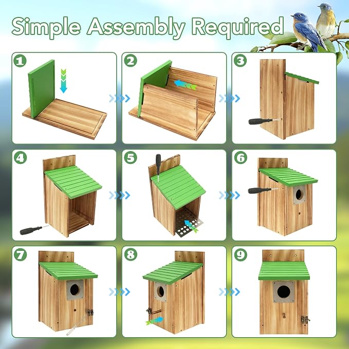 2 Pack Bird Houses for Outside - Cedar Bluebird Houses with Metal Predator Guard, Birdhouse for Wren Bluebirds Finches Swallows, Carbonized Wooden (Assembly Required)