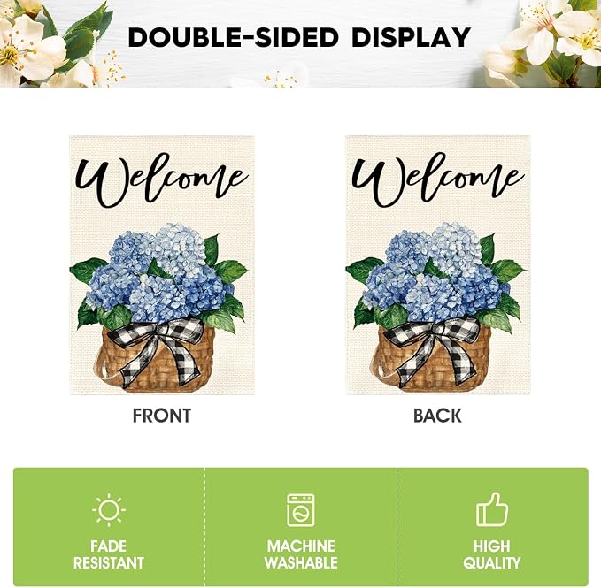 AVOIN colorlife Hydrangea Spring Summer Garden Flag 12x18 Inch Double Sided Outside, Floral Welcome Yard Outdoor Flag