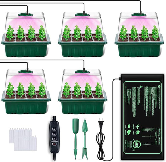 YAUNGEL Seed Starter Tray with Grow Light, 5 Pack Seed Starter Kit with Heat Mat, Seedling Starter Trays with Timing Controller Adjustable Brightness, Thicken Trays with Humidity Domes