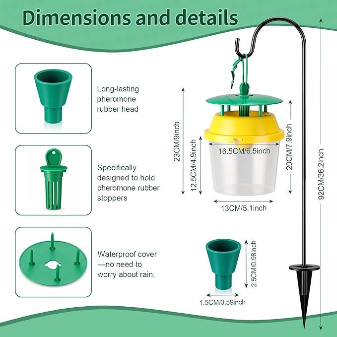 6 Pcs Reusable Leafminer Trap with Pheromone Lures, Bucket Style Insect Trap with 36.2'' Ground Stake, Outdoor Monitoring Tools for Citrus Trees Garden Orchard (2 Lures Included)