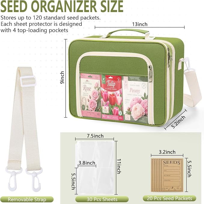 Seed Storage Organizer Binder, Seed Holder Organizer with 20 Pcs Reusable Seed Envelopes & 30 Pcs Sheets Protectors Holds 120 Packets, Garden Saving Binder Bag for Gardeners, Hobbyists, Organizers