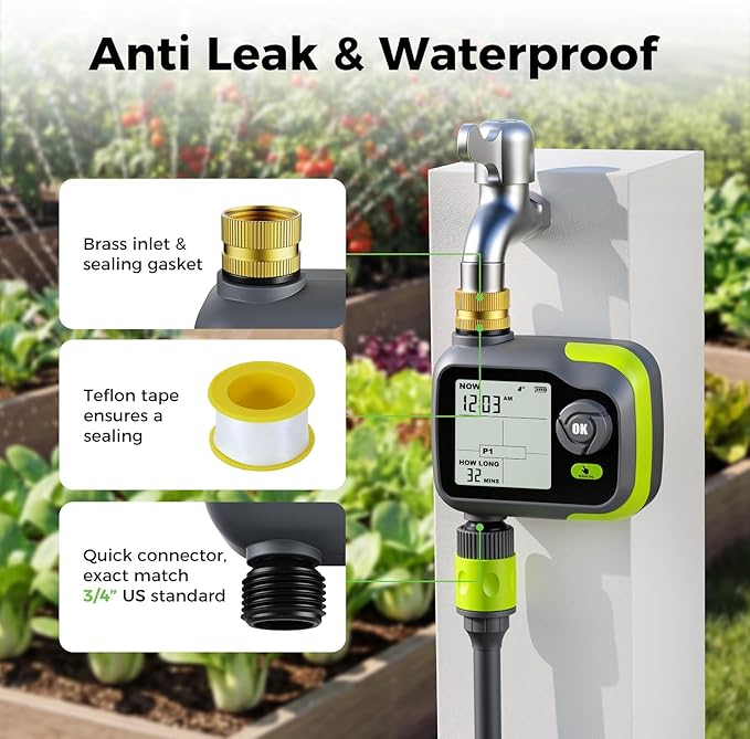 Sprinkler Timer, Watering Timer Brass Inlet for Garden Hose, Programmable Hose Timers w/Rain Delay, Outdoor Soaker Auto& Manual Drip Irrigation Controller System for Lawn Yard Greenhouse
