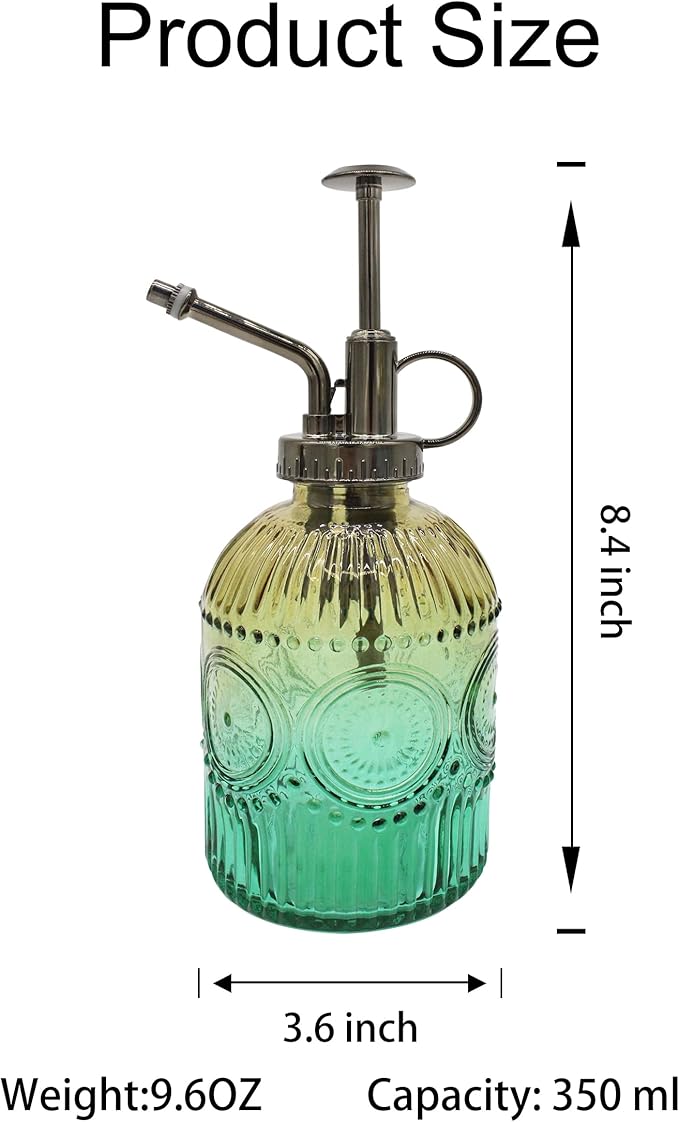 Glass Plant Mister Spray Bottle, 350ML Vintage Plant Spritzer with Top Pump Watering Can for Indoor Outdoor House Plants,Flowers (Gold-Green)
