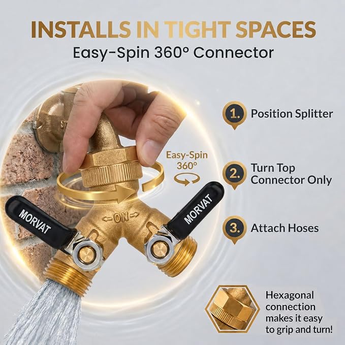 Morvat Brass 2-Way Y Splitter LEAD-FREE, Heavy-Duty Garden Hose Connector with Extra Long Butterfly Comfort Grip ON/OFF Valves, Adapter for Water Faucet & Spigot, Extra 10 Washers Teflon Tape (2-Pack)