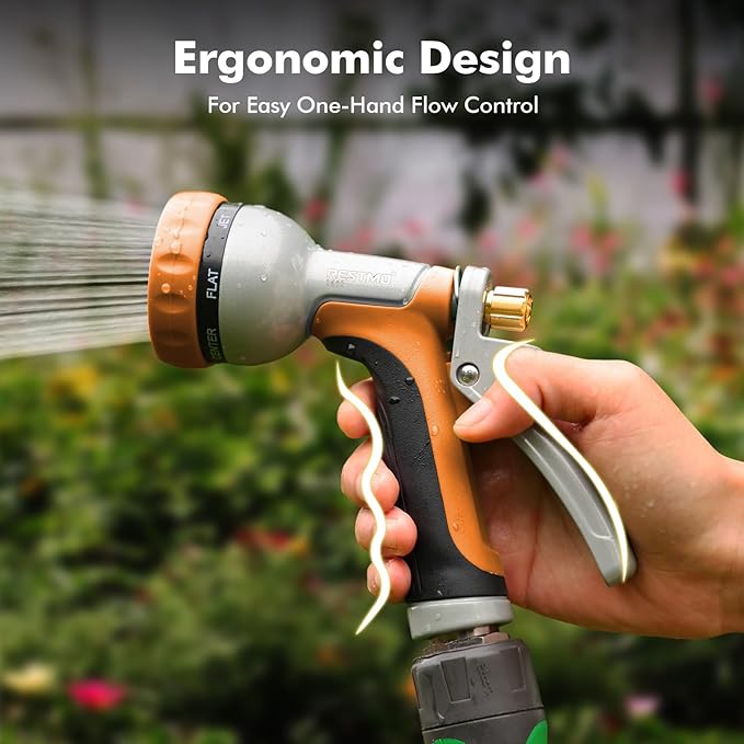 RESTMO Heavy Duty Metal Garden Hose Nozzle, Water Hose Nozzle with 7 Adjustable Spray Patterns, High Pressure Hose Sprayer with with Flow Control, for Plants & Lawns, Washing Cars & Pets, Orange