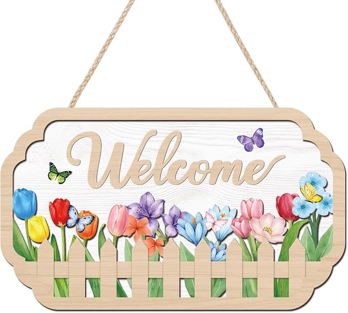 HOURIA 3D Welcome Front Door Sign (11.4”x7”),Floral Butterfly Garden Sign,Colorful Tulip Flower Wreath Sign,Spring Summer Decorations for Home Office Indoor Outdoor