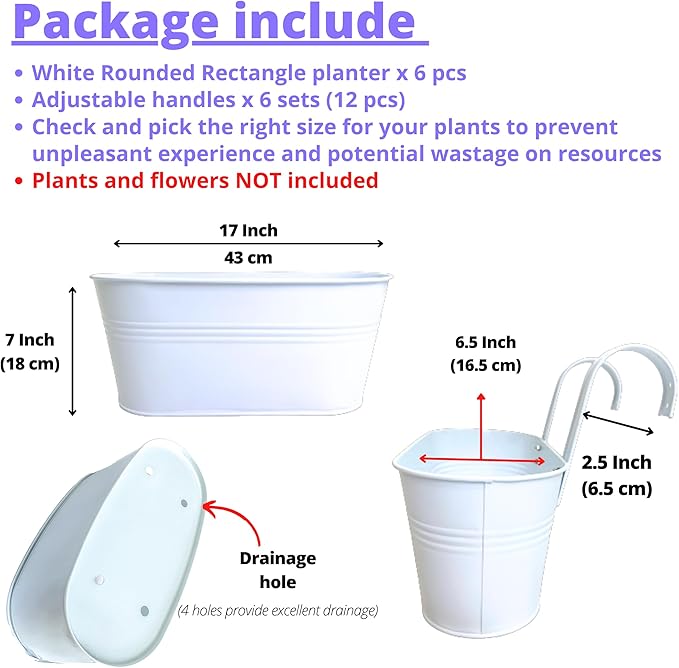 LaLaGreen Planter Boxes for Outdoor (6 Pack, 17 Inch) White Metal Deck Railing Hanging Flower Pots, Large Window Box Plant Holder Hooks Fence Rail Buckets Modern Herb Boho Style Wall Mount Porch Decor