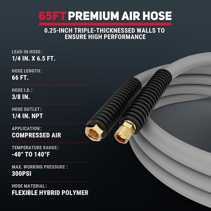 Retractable Air Hose Reel, 3/8" x 65ft Air Hose with Air Blow Gun, Adjustable Length Lock, 180° Rotating Wall Mount Air Tool for Garage and Workshop