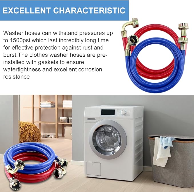 Rubber Washing Machine Hoses With Elbow 4FT,Washing Machine Elbow Hose with 3/4" Connection Supply for Hot and Cold Water Washer Hoses (2 Packs),Universal Fit for All Standard Wash Machines-by MIFLUS