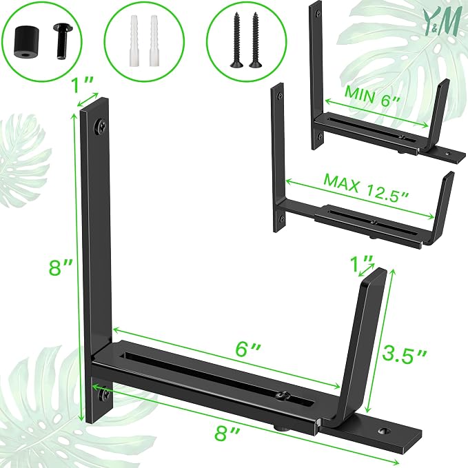 Y&M 4 PCS Adjustable Window Box Brackets for Planter Box, Heavy Duty Wall Mounted Hooks Hangers for Flower Baskets Holder Durable, Hanging Brackets for Fence Patio Garden Balcony