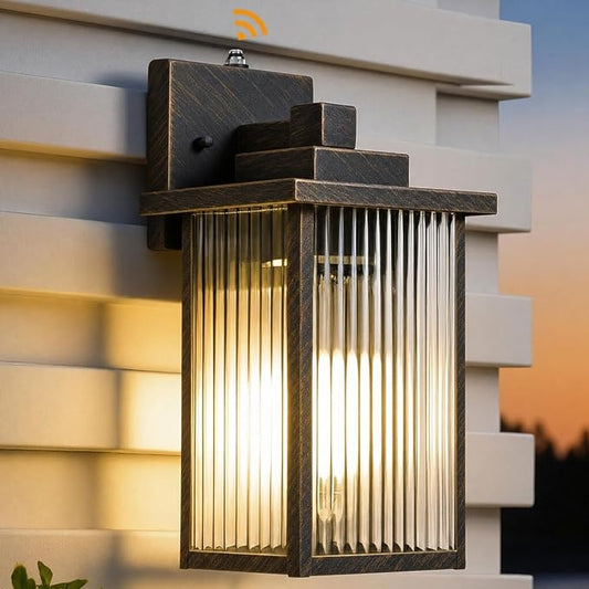 13-Inch Black Brush Gold Outdoor Wall Light, Dusk to Dawn Exterior Light Fixture, IP65 Waterproof Rust-Resistant Metal & Textured Glass Wall Mount Sconce for Porch Garage Entryway