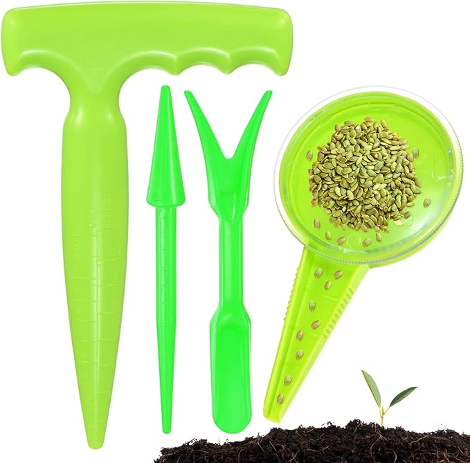 M METERXITY 1-Set Sowing Seeds Dispenser, Plastic Adjustable Hand Planter Seeder Tool Seedlings Dibber and Widger for Transplanting/Flower Planting, Small Gardening Tools [Dark Green]