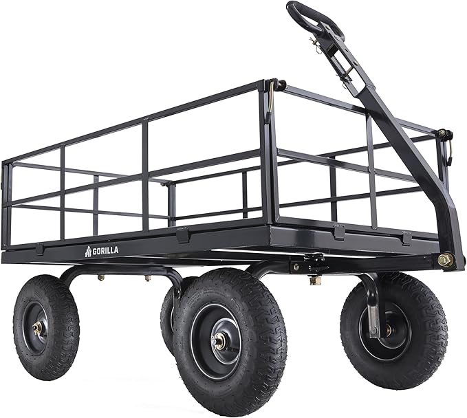 Gorilla Carts Steel Utility Cart, 9 Cu Ft Bed, 1200 lb Load Capacity, Black – Towable Heavy-Duty Outdoor Hauling Wagon with Removable Side Panels for Yard, Lawn, Garden or Landscaping