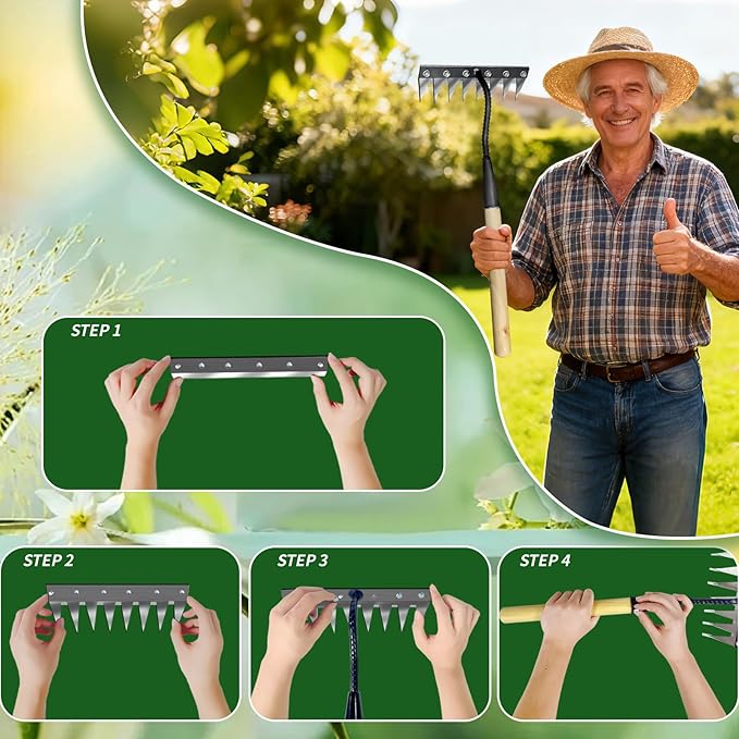 Upgraded Cultivator rake, Spray-Coated Rust-Proof Manganese Steel Weed rake, and 8-Tines Garden Weed Puller Tool with Wooden Handle — All for Lawn and Garden, Ideal gardinia uprooting Tool.