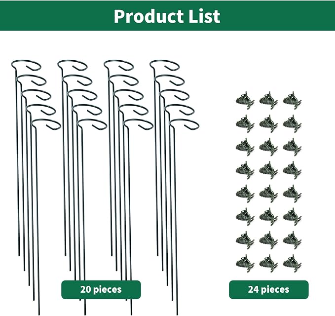 20 Pack Plant Support Stakes with 24 Pcs Plant Clips, Garden Single Stem Support Stake, Plant Cage Support Ring for Indoor Outdoor Flowers Rose Amaryllis Tomatoes Peony Lily Orchid (24 Inch)