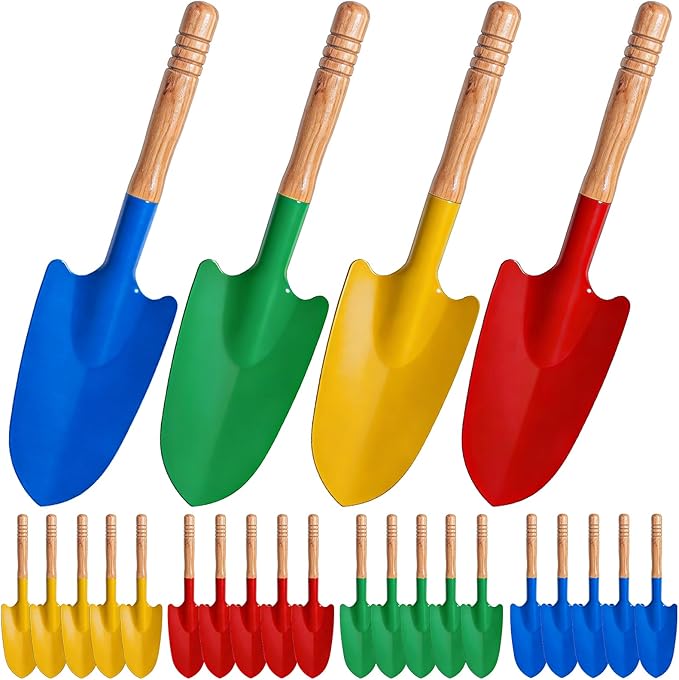 24 Pack Shovels for Kids Gardening Tools Mini Metal Garden Shovel with Wooden Handle Outdoor Sand Digging for Toddlers Beach Soil Planting 4 Colors