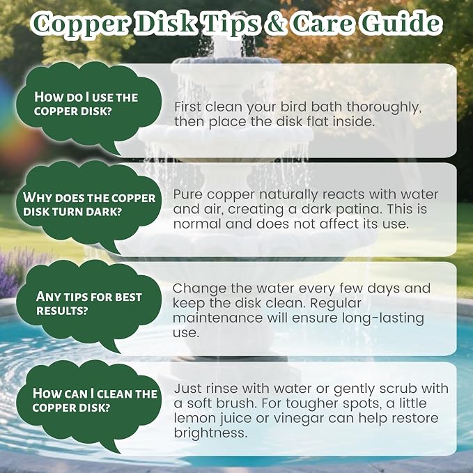 Bird Bath Copper Disk, 4 Inch 0.6mm Thick 99.9% Pure Copper Disc with Triple-Point Support, Natural Water Cleaner for All-Season Use, Universal Fit for Outdoor BirdBaths, Bowls, 2 Pack