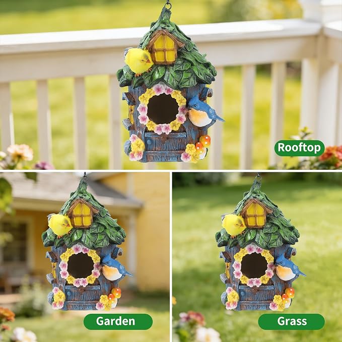 Bird Houses for Outside Real Wood-Look Birdhouse with Blue Bird – Hand-Painted Resin Birdhouses for Outdoors for Bluebird Finches Cardinals Bird Nesting Garden, Patio, Yard