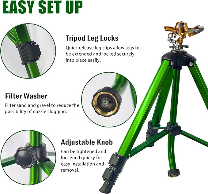 LIULO TOOL Impact Sprinkler on Tripod Base, 2 Pack Tripod Sprinklers with Head, 360 Degree Large Area Irrigation with Extension Legs Flip Locks, Heavy Duty 3/4" Connector for Lawn Yard Garden