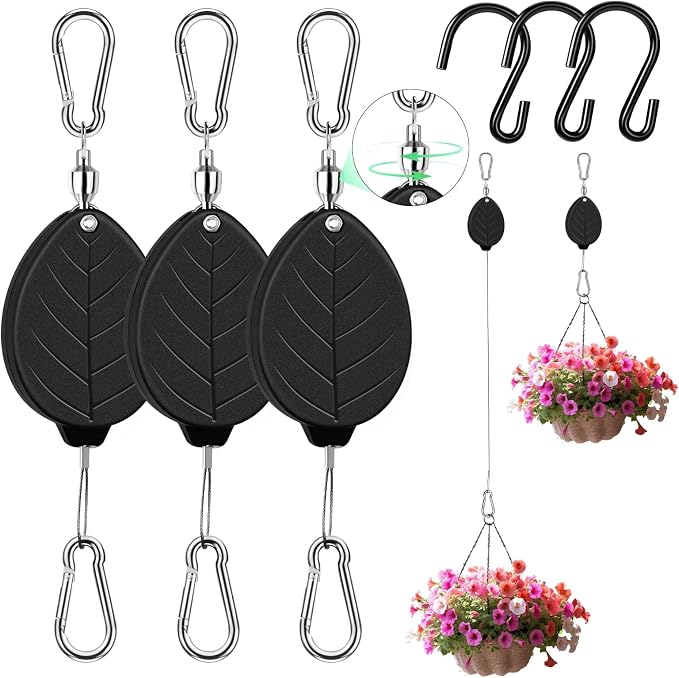 2026Upgraded 3Pcs Heavy Duty Retractable Plant Hanger, 44lbs Load, Auto Lock, Adjustable Hook for Hanging Plants, Bird Feeders, Wind Chimes, Garden Pots,Rust-Proof Stainless Steel,Black