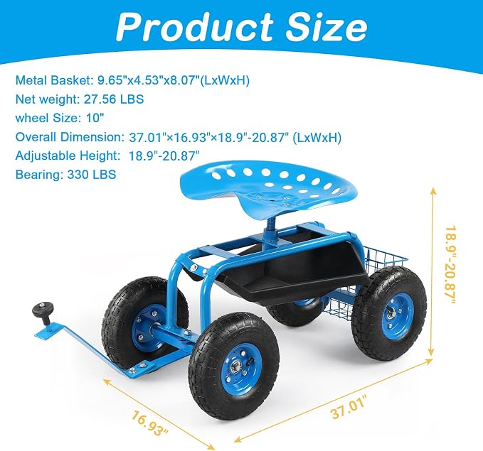 VINGLI Garden Cart with Rolling Seat, Wheels, Steering Handle & Utility Tool Tray, Planting Wagon Scooter, Gardening Tool for Senior, for Patio, Backyard, Lawn & Outdoor (Blue)