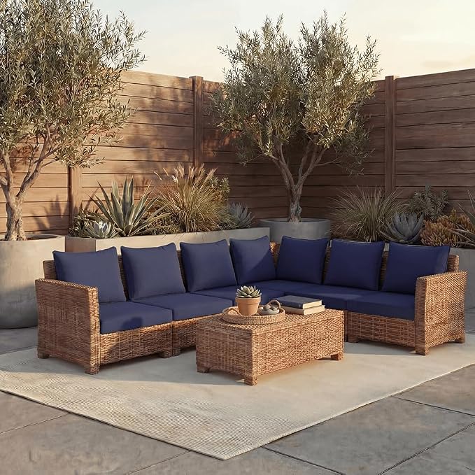 PatioGlow Outdoor Seat Cushion Set, 22" x 22" x 3.5", Set of 2, Water-Resistant & Fadeness Patio Furniture Cushions with Removable Cover & Ties, Thick Deep Seating Pads for Outside Sofa Couch, Blue