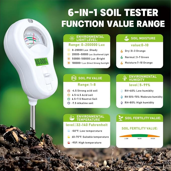 6-in-1 Soil Moisture Meter Soil PH/Soil Moisture/Plant Temperature/Humidity and Sunlight, Soil Test Meter, Agriculture Tools for Garden, Lawn, Plant Care, Farm and Indoor Outdoor Plants
