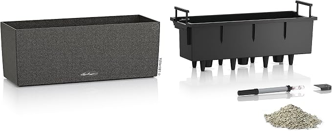 Lechuza BALCONERA Stone 50 Graphite Black, Self-Watering Window Box (Railing Planter), H7.5 L19.7 W7.5 in