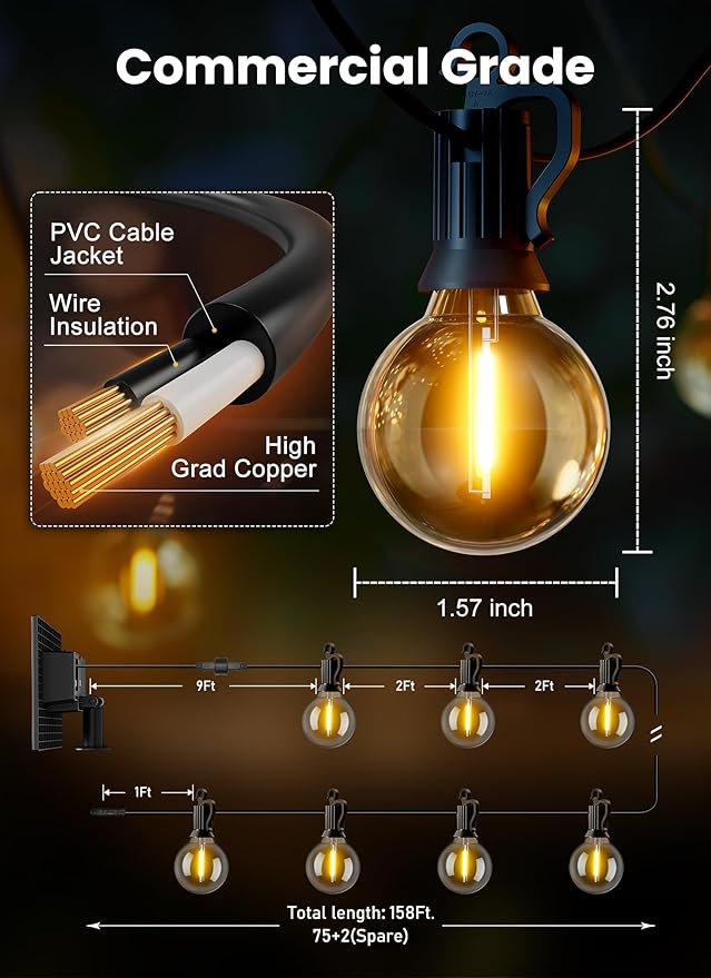 Brightown 158FT 77LED Solar String Lights Outdoor with Remote & USB Port, Shatterproof Bulbs, Dimmable & Timable, 3 Modes, Patio Lights Solar Powered with Mount Clips for Camping Backyard Garden Decor