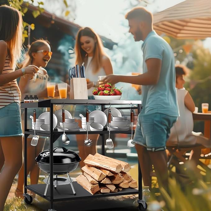 Outdoor Pizza Oven Table, Outdoor Grill Table with Waterproof Cover, Movable Dining Cart Tables with Wheels, Kitchen Cooking Prep Tables BBQ Cart for Home Party, Bar,Camping