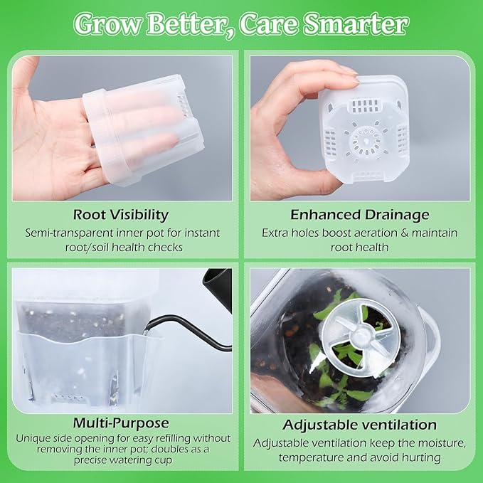12 Pack 2.5" Self Watering Propagation Pots with Humidity Dome, Clear Plastic Seed Starter Cups, for Seedlings, Cuttings, Succulents, Herbs, Vegetables, with 12 Labels Included (Transparent 12 Pack)