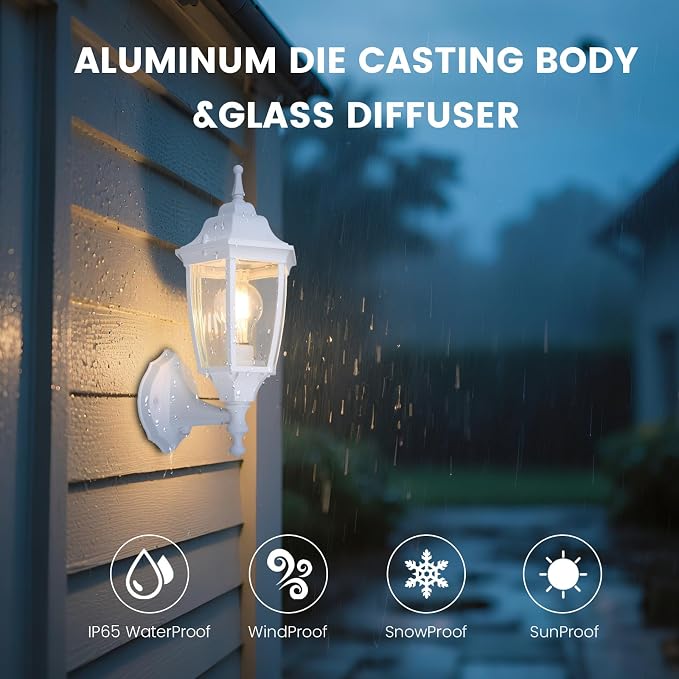 Die-Cast Aluminum & Glass Dusk to Dawn Photocell-Controlled Outdoor Wall Light, IP65 Waterproof Outdoor Light Fixture, E26 Base (60W Max) Porch Light, ETL, UL, CSA Qualified, White