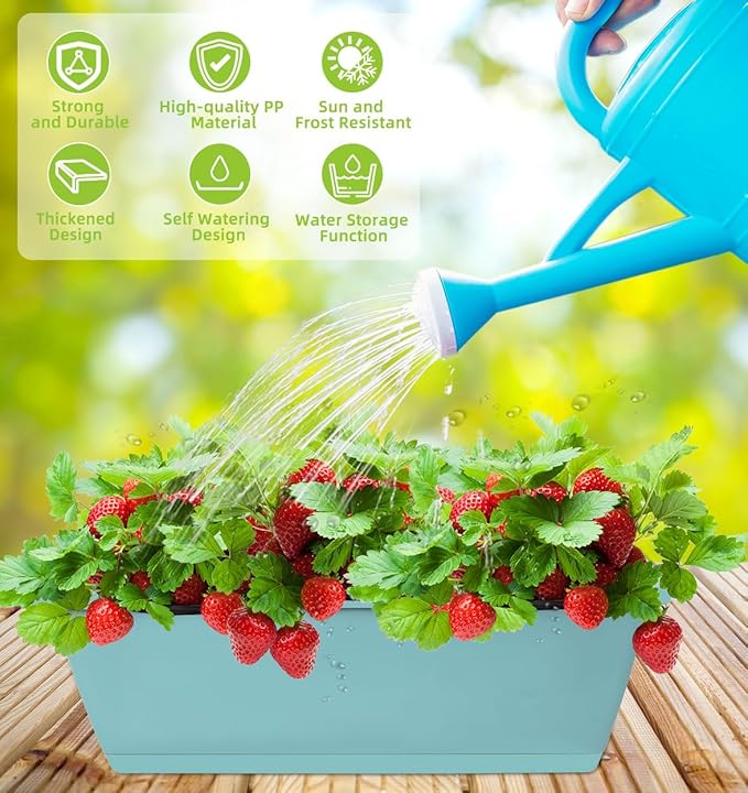 LOCONHA Window Box Planter, Plastic Vegetable Flower Planters Boxes 17 Inches Rectangular Flower Pots with Saucers for Indoor Outdoor Garden, Patio, Home Decor (7, Sky Blue)