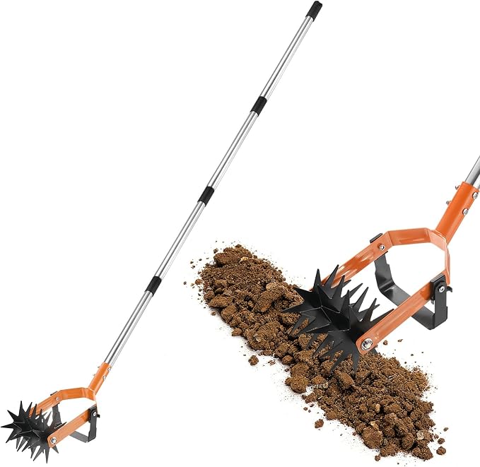 M METERXITY 2-in-1 Rotary Cultivator Tool, 72 Inch Adjustable Garden Hand Tiller with Star-Shaped Rolling Tines, Weeder & Soil Aerator for Loosening Mixing Soil/Lawn Care/Reseeding Grass