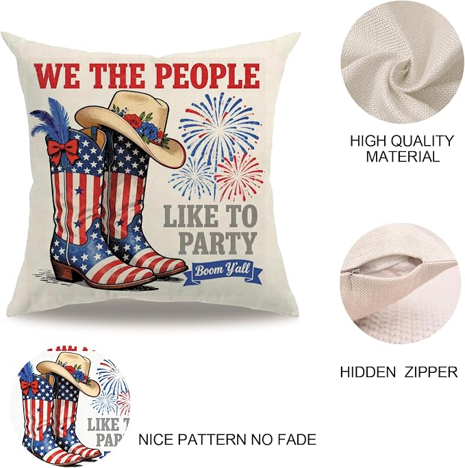 4th of July Patriotic Throw Pillow Covers 18x18 Inch 4Pack, American Flag With Hummingbird, Truck, Cowboy Boots & Dog Pillow Cases, Independence Day Farmhouse Cushion Covers for Sofa Patio (Red/Blue)