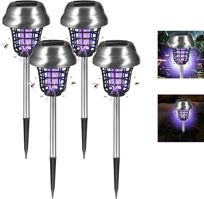 4 Pack Solar Bug Zapper Outdoor Waterproof Solar Powered Mosquito Zapper Repellent Outdoor Patio,Cordless & Auto On/Off Trap Light for Small Fly Insect Zappers for Garden Backyard Gnat for Outside