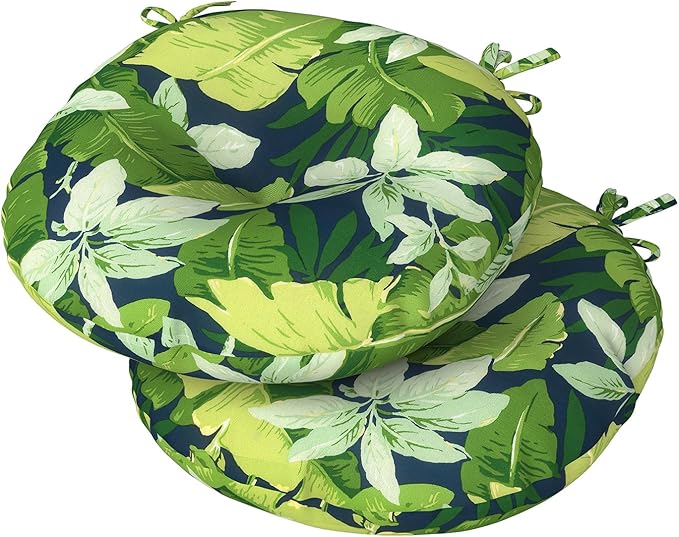 DYTXIII Set of 2 Outdoor Round Chair Cushions 15"x15"x4" with Ties, Water Repellent Tufted Bistro Seat Cushions, Thick Patio Chair Pads for Bar Stool, Garden & Dining Furniture - Jungle Leaves