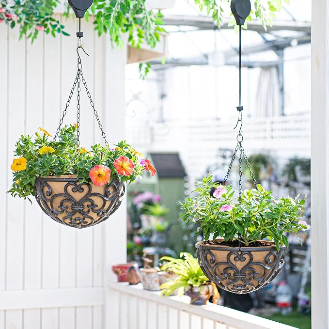 Sungmor 2PC 11" Dia. Large Cast Iron Hanging Baskets w/Fabric Liner, Rustic Brown Heavy-Duty Outdoor Hanging Planters Plant Pot Holders, Garden Yard Terrace Patio Porch Decorative Metal Flower Basket