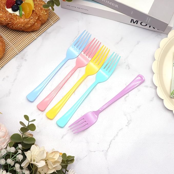 100 Pcs Pastel Plastic Forks, Pastel Plastic Silverware, Heavy Duty Plastic Cutlery Set Disposable Utensils Sets for Brithday, Wedding, Tea Party, Garden Party