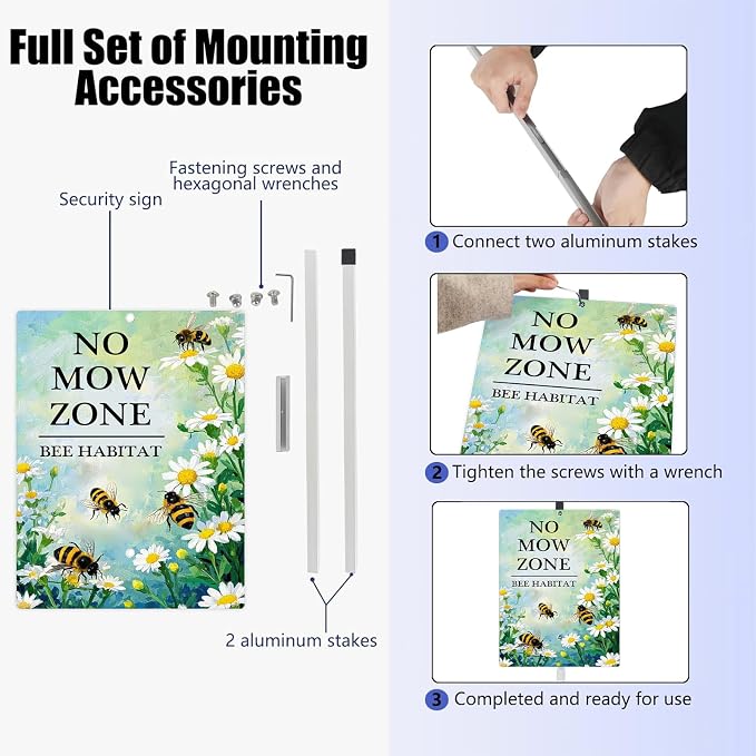 Pollinator Garden No Mow Zone Bee Habitat Yard Sign With Stakes Do Not Mow Save Bees Garden Stake Reflective Rustproof Aluminium No Mow May Signs Outdoor 8X12 IN