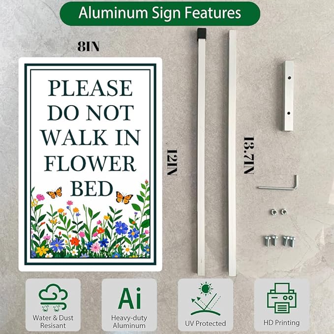 Please Do Not Walk in Flower Bed Yard Sign With Stakes Stay Out of Flowers Signs Keep Off Wildflower Pollinator Habitat Reflective Rustproof Aluminium Garden Stake Outdoor 8X12 IN