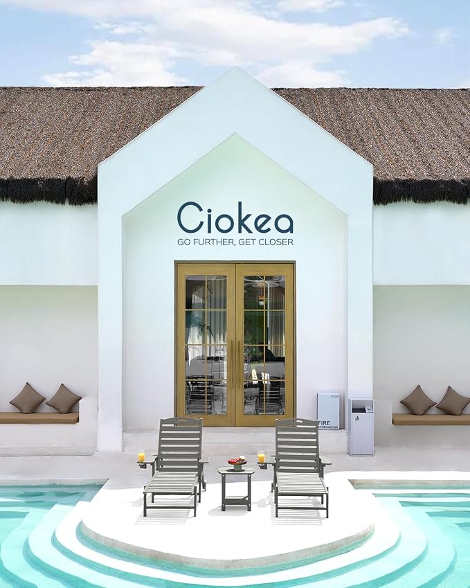 Ciokea Lounge Chair Outdoor, Oversized Chaise Lounge Chair with 5 Positions, HDPE, Patio Lounge Chair with Wheels & Cup Holder for Pool, Deck, Poolside, Grey