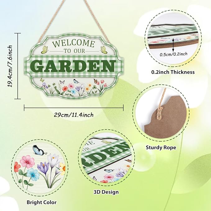 HOURIA 3D Welcome to Our Garden Wood Sign,(11.4”x8”) Gardening Greenhouse Decor, Gardening Sign, Flowers Butterfly Garden Decorations for Outside,Gardening Gifts,Gifts for Plant Lovers