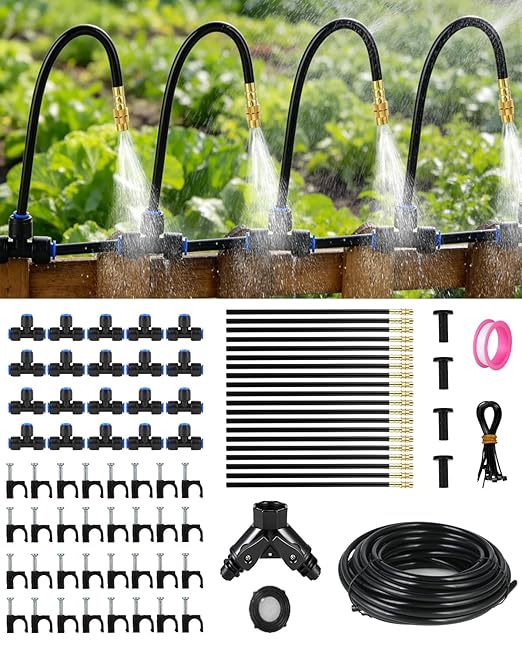 130FT Drip Irrigation System for Garden: 20 Nozzles 1/4" PE Tubing Automatic Watering Kit Adjustable Misting Sprinkler Mister Hose for Water Plants Tape Raised Beds Lawn Outdoor Yard Greenhouse 130FT